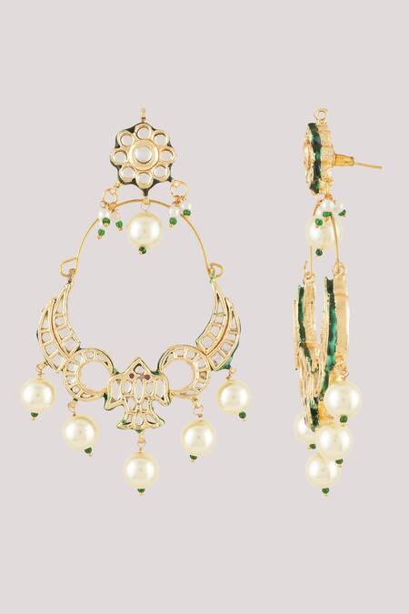 Buy_ChhavI'S Jewels_White Diamonds, Pearls Floral Kundan Polki Studded Danglers _Online_at_Aza_Fashions