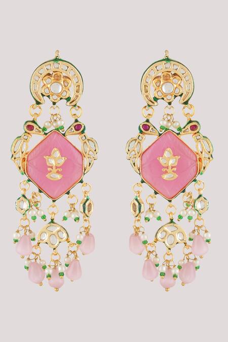 ChhavI'S Jewels_Pink Stones, Pearls Florid Kundan Polki Studded Danglers _Online_at_Aza_Fashions