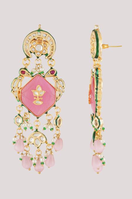 Buy_ChhavI'S Jewels_Pink Stones, Pearls Florid Kundan Polki Studded Danglers _Online_at_Aza_Fashions