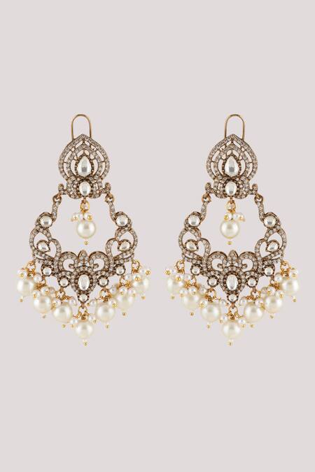 ChhavI'S Jewels_White Pearls, Diamonds Damask Crystal And Stone Studded Danglers _Online_at_Aza_Fashions