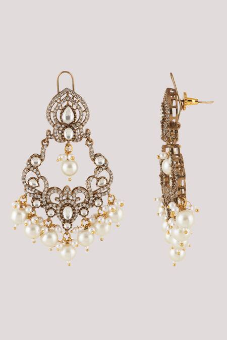 Buy_ChhavI'S Jewels_White Pearls, Diamonds Damask Crystal And Stone Studded Danglers _Online_at_Aza_Fashions
