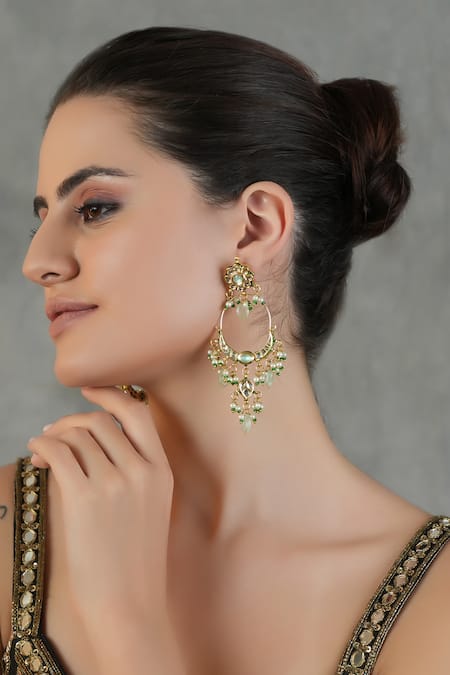 Chhavi's Jewels Green Kundan And Polki Embellished Chandbali Earrings 