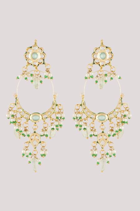 ChhavI'S Jewels_Green Bows, Pearls, Stones Kundan And Polki Embellished Chandbali Earrings _Online_at_Aza_Fashions