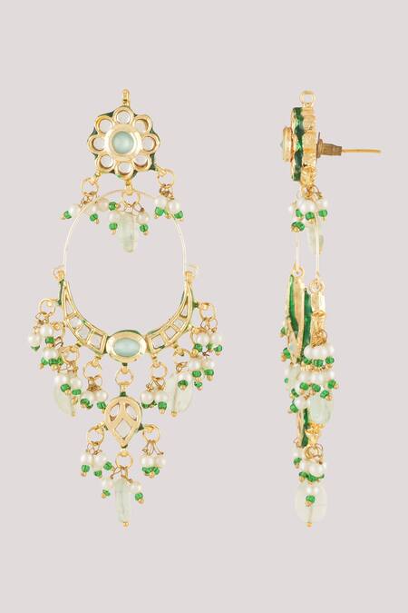 Buy_ChhavI'S Jewels_Green Bows, Pearls, Stones Kundan And Polki Embellished Chandbali Earrings _Online_at_Aza_Fashions