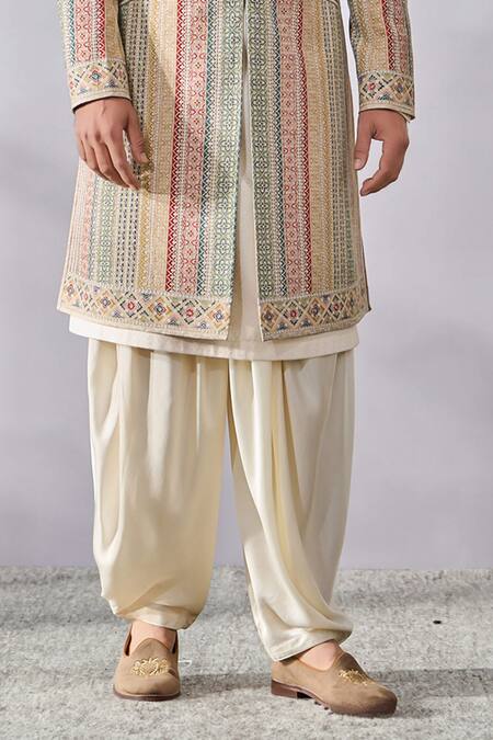 Buy_Tarun Tahiliani_Beige Linen, Viscose, Cotton Embroidery Kasheeda Sherwani Set _Online_at_Aza_Fashions