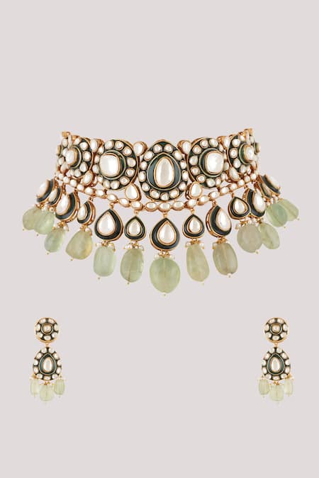 ChhavI'S Jewels_Green Pearls, Stones Petal Bloom Kundan And Polki Studded Jewellery Set _Online_at_Aza_Fashions