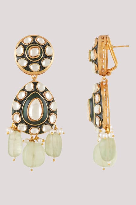 Shop_ChhavI'S Jewels_Green Pearls, Stones Petal Bloom Kundan And Polki Studded Jewellery Set _Online_at_Aza_Fashions