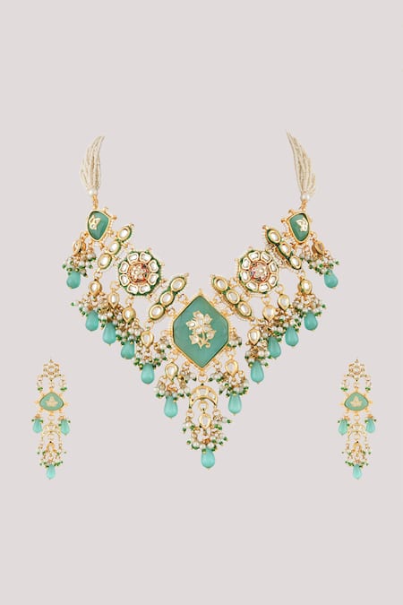 ChhavI'S Jewels_Green Pearls, Stones, Diamonds Azure Fleur Kundan And Polki Studded Jewellery Set _Online_at_Aza_Fashions