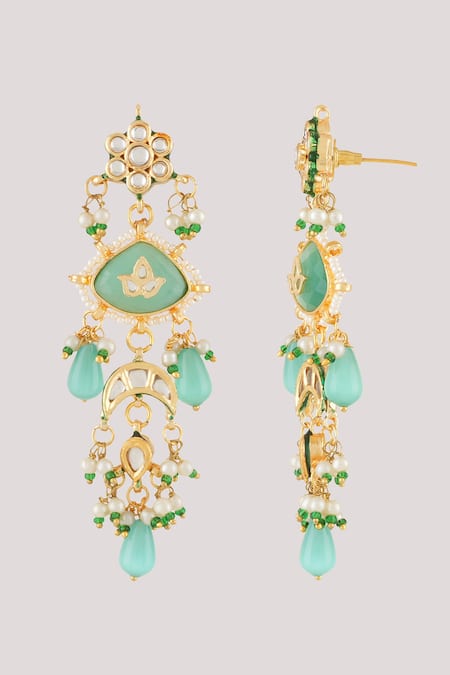 Shop_ChhavI'S Jewels_Green Pearls, Stones, Diamonds Azure Fleur Kundan And Polki Studded Jewellery Set _Online_at_Aza_Fashions