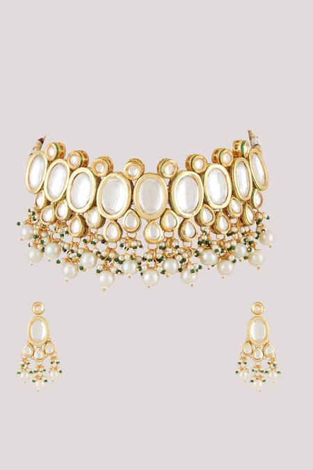 Shop_ChhavI'S Jewels_White Pearls, Diamonds Globule Kundan And Polki Studded Jewellery Set _Online_at_Aza_Fashions