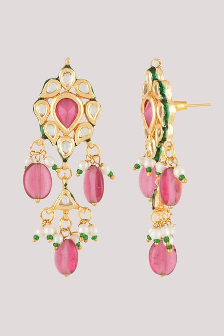 Buy_ChhavI'S Jewels_Multi Color Pearls, Ornate Bloom Kundan And Polki Embellished Jewellery Set _Online_at_Aza_Fashions