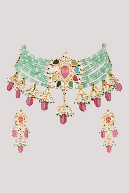 Shop_ChhavI'S Jewels_Multi Color Pearls, Ornate Bloom Kundan And Polki Embellished Jewellery Set _Online_at_Aza_Fashions
