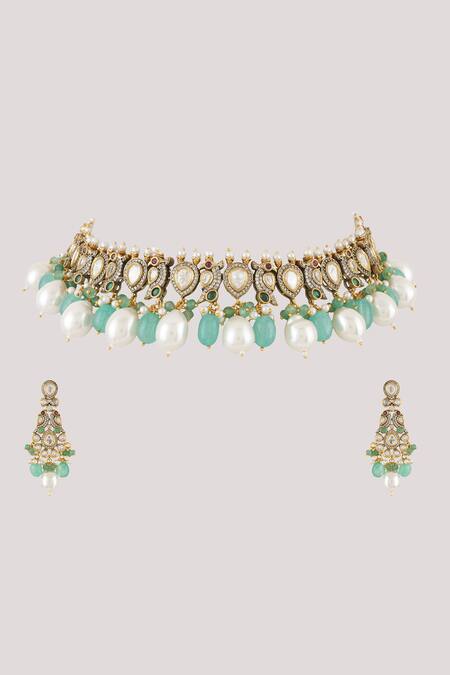 ChhavI'S Jewels_Green Pearls, Diamonds, Stones Peacock Kundan And Polki Studded Jewellery Set _Online_at_Aza_Fashions