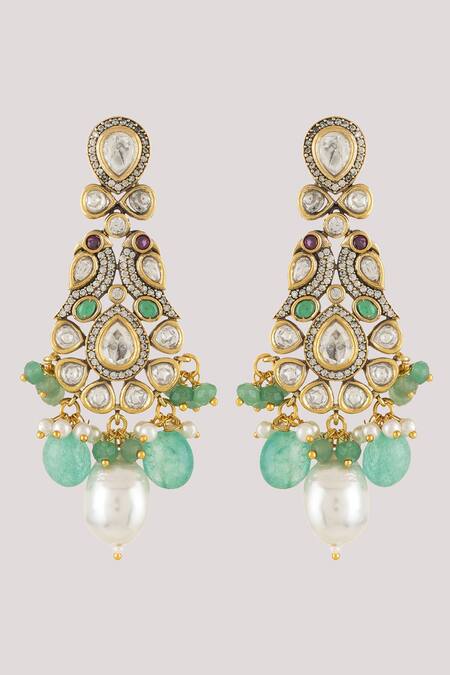 Buy_ChhavI'S Jewels_Green Pearls, Diamonds, Stones Peacock Kundan And Polki Studded Jewellery Set _Online_at_Aza_Fashions