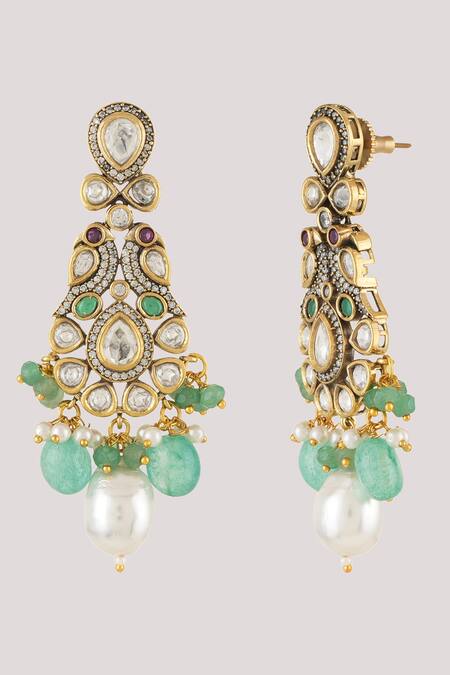 Shop_ChhavI'S Jewels_Green Pearls, Diamonds, Stones Peacock Kundan And Polki Studded Jewellery Set _Online_at_Aza_Fashions
