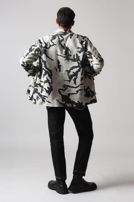 Shop Countrymade Grey Linen, Cotton Shadow Camo Hand Printed Reversible Jacket at Aza Fashions Shop_Countrymade_Grey Linen, Cotton Shadow Camo Hand Printed Reversible Jacket_at_Aza_Fashions