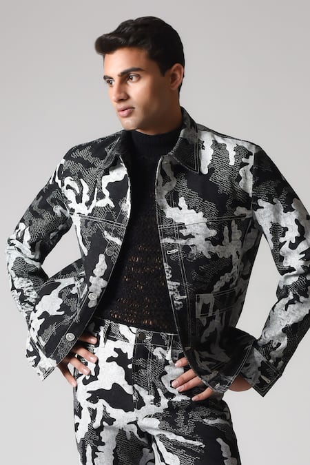 Buy Countrymade Black Denim Shadow Camo Hand Printed Trucker Jacket at Aza Fashions Buy_Countrymade_Black Denim Shadow Camo Hand Printed Trucker Jacket_at_Aza_Fashions