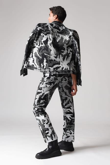 Shop Countrymade Black Denim Shadow Camo Hand Printed Trucker Jacket at Aza Fashions Shop_Countrymade_Black Denim Shadow Camo Hand Printed Trucker Jacket_at_Aza_Fashions