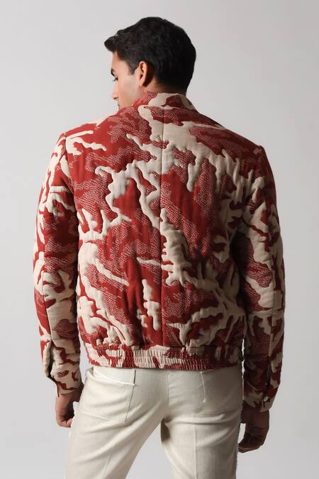 Shop Countrymade Brown Cotton Embroidery Shadow Camo Hand Quilted Bomber Jacket at Aza Fashions Shop_Countrymade_Brown Cotton Embroidery Shadow Camo Hand Quilted Bomber Jacket_at_Aza_Fashions