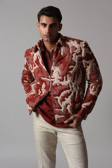 Buy Countrymade Brown Cotton Embroidery Shadow Camo Hand Quilted Bomber Jacket Online at Aza Fashions Buy_Countrymade_Brown Cotton Embroidery Shadow Camo Hand Quilted Bomber Jacket_Online_at_Aza_Fashions