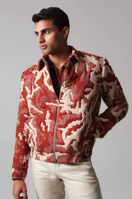 Shop Countrymade Brown Cotton Embroidery Shadow Camo Hand Quilted Bomber Jacket Online at Aza Fashions Shop_Countrymade_Brown Cotton Embroidery Shadow Camo Hand Quilted Bomber Jacket_Online_at_Aza_Fashions