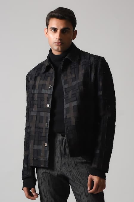 Countrymade Black Cotton Checkered Coma Pattern Jacket 
