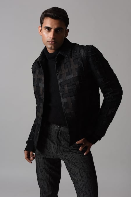 Countrymade_Black Silk, Cotton, Linen Coma Checkered Pattern Jacket_Online_at_Aza_Fashions