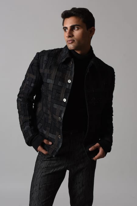 Buy_Countrymade_Black Silk, Cotton, Linen Coma Checkered Pattern Jacket_Online_at_Aza_Fashions