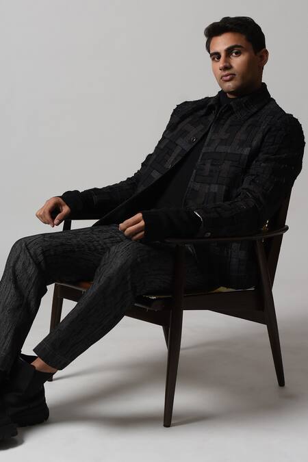 Shop_Countrymade_Black Silk, Cotton, Linen Coma Checkered Pattern Jacket_Online_at_Aza_Fashions
