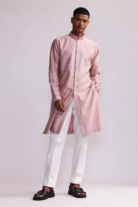 Countrymade Pink Chanderi Placement Embroidered Thread Shadow Camo Kurta And Pant Set