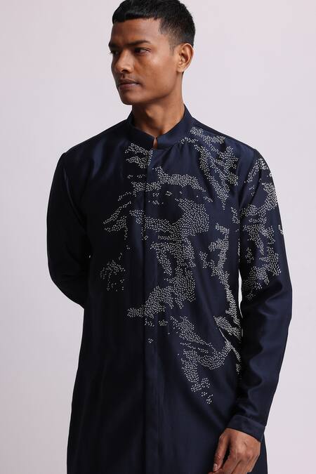 Countrymade Blue Chanderi Embroidery Shadow Camo Thread Kurta And Pant Set Online at Aza Fashions Countrymade_Blue Chanderi Embroidery Shadow Camo Thread Kurta And Pant Set_Online_at_Aza_Fashions