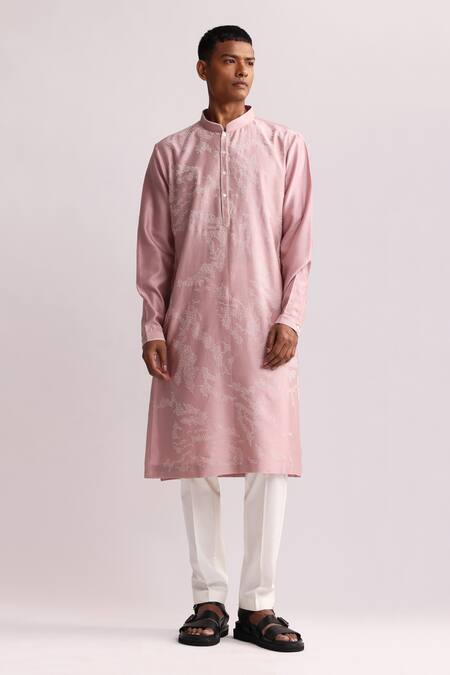 Shop Countrymade Pink Chanderi, Cotton Embroidery Shadow Camo Placement Kurta And Pant Set Online at Aza Fashions Shop_Countrymade_Pink Chanderi, Cotton Embroidery Shadow Camo Placement Kurta And Pant Set_Online_at_Aza_Fashions