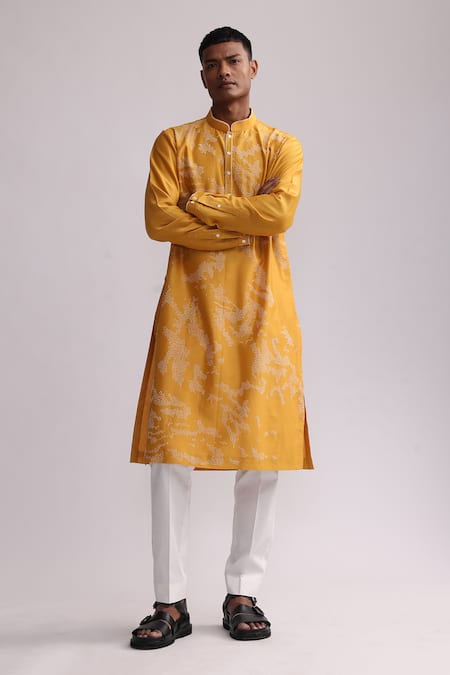 Countrymade Yellow Chanderi Placement Hand Embroidered Shadow Camo Kurta And Pant Set