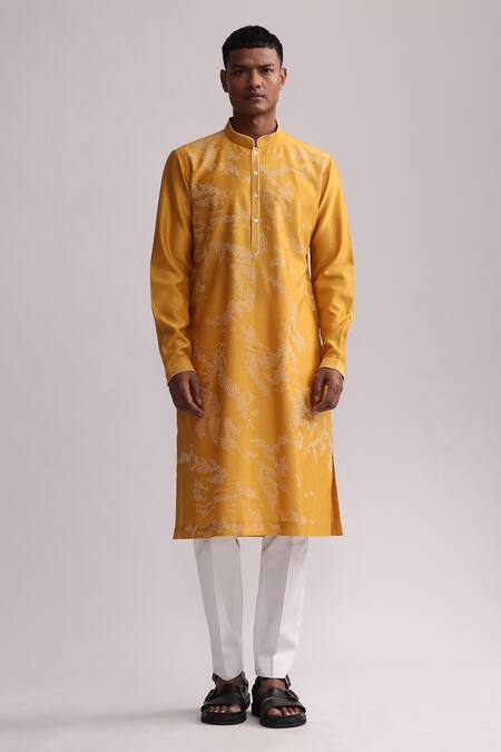 Countrymade_Yellow Chanderi Embroidery Shadow Camo Placement Hand Kurta And Pant Set_Online_at_Aza_Fashions