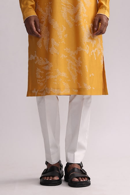 Buy_Countrymade_Yellow Chanderi Embroidery Shadow Camo Placement Hand Kurta And Pant Set_Online_at_Aza_Fashions
