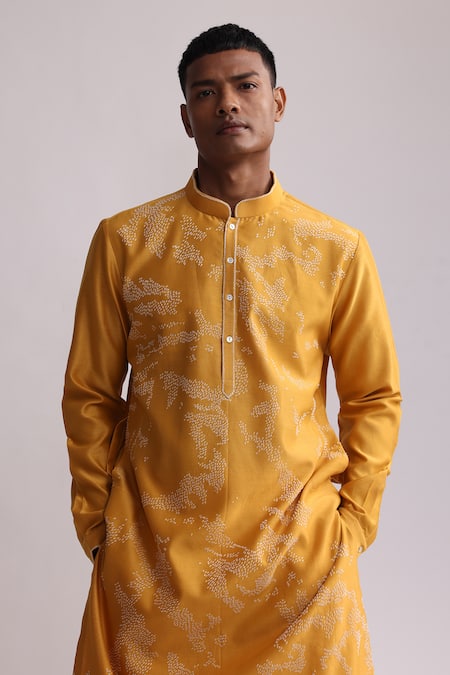 Shop_Countrymade_Yellow Chanderi Embroidery Shadow Camo Placement Hand Kurta And Pant Set_Online_at_Aza_Fashions