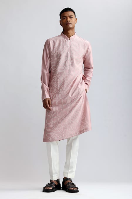 Countrymade Pink Chanderi Embroidered Thread Shadow Block Kurta And Pant Set 