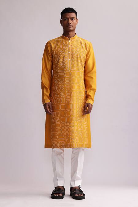 Countrymade_Yellow Chanderi, Cotton Embroidery Shadow Block Thread Kurta And Pant Set_Online_at_Aza_Fashions