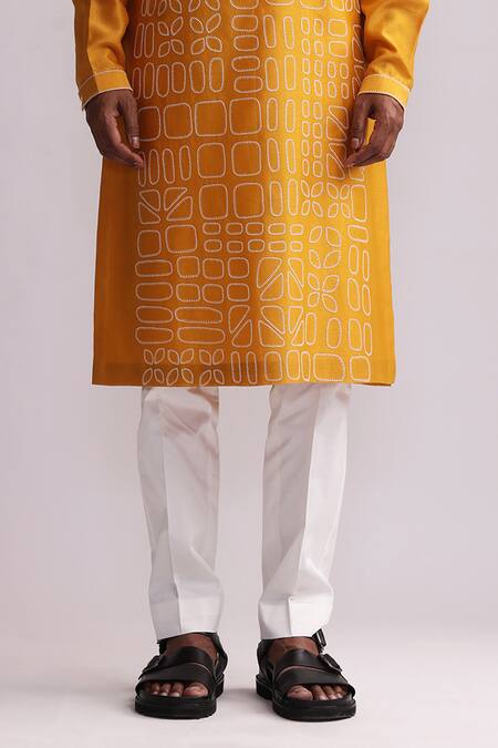 Buy_Countrymade_Yellow Chanderi, Cotton Embroidery Shadow Block Thread Kurta And Pant Set_Online_at_Aza_Fashions