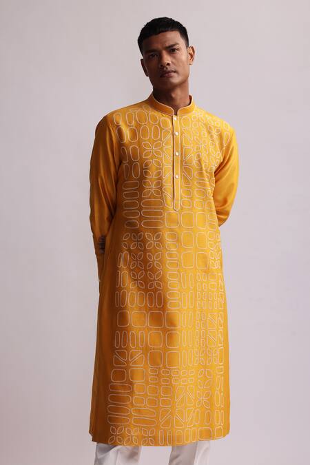 Shop_Countrymade_Yellow Chanderi, Cotton Embroidery Shadow Block Thread Kurta And Pant Set_Online_at_Aza_Fashions