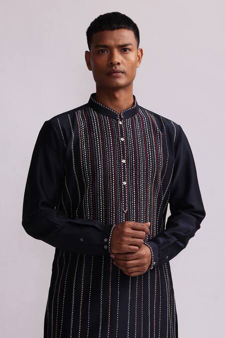 Countrymade_Blue Chanderi Embroidery Terra Tribe Hand Kurta And Pant Set_Online_at_Aza_Fashions