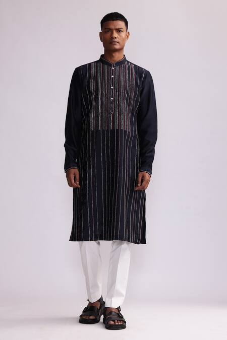 Buy_Countrymade_Blue Chanderi Embroidery Terra Tribe Hand Kurta And Pant Set_Online_at_Aza_Fashions