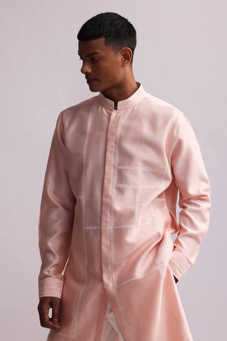 Countrymade_Pink Chanderi Embroidery Building Blocks Thread Kurta And Pant Set_Online_at_Aza_Fashions