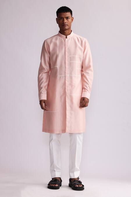 Buy_Countrymade_Pink Chanderi Embroidery Building Blocks Thread Kurta And Pant Set_Online_at_Aza_Fashions