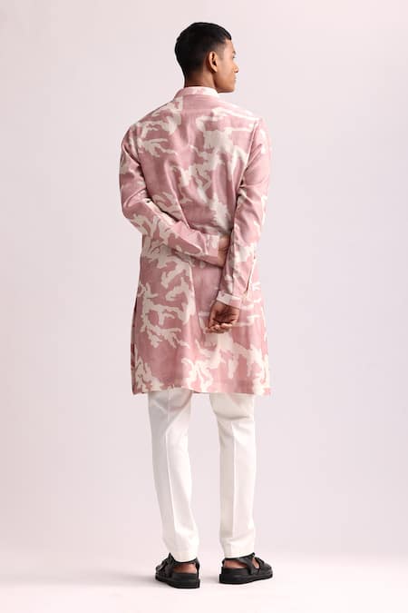 Shop_Countrymade_Pink Chanderi Shadow Camo Abstract Pattern Kurta _at_Aza_Fashions