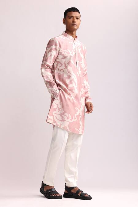Countrymade_Pink Chanderi Shadow Camo Abstract Pattern Kurta _Online_at_Aza_Fashions