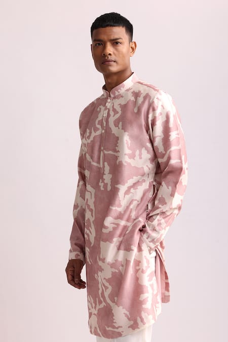 Buy_Countrymade_Pink Chanderi Shadow Camo Abstract Pattern Kurta _Online_at_Aza_Fashions