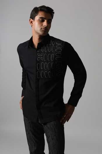 Countrymade_Black Cotton Embroidery Shadow Block Shirt_Online_at_Aza_Fashions