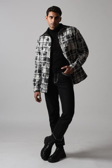 Countrymade_Grey Linen, Modal Embroidery Solitude Printed Quilted Reversible Shirt_Online_at_Aza_Fashions