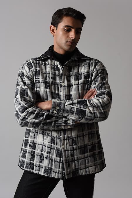 Buy_Countrymade_Grey Linen, Modal Embroidery Solitude Printed Quilted Reversible Shirt_Online_at_Aza_Fashions